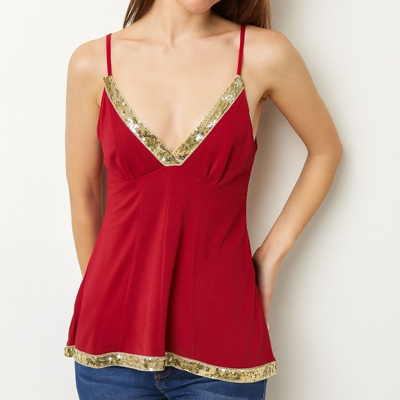 Vintage Solar Y2K Red Sequin Trim Cami Top Holiday Party Glam Sparkle Tank Retro - Picture 1 of 8